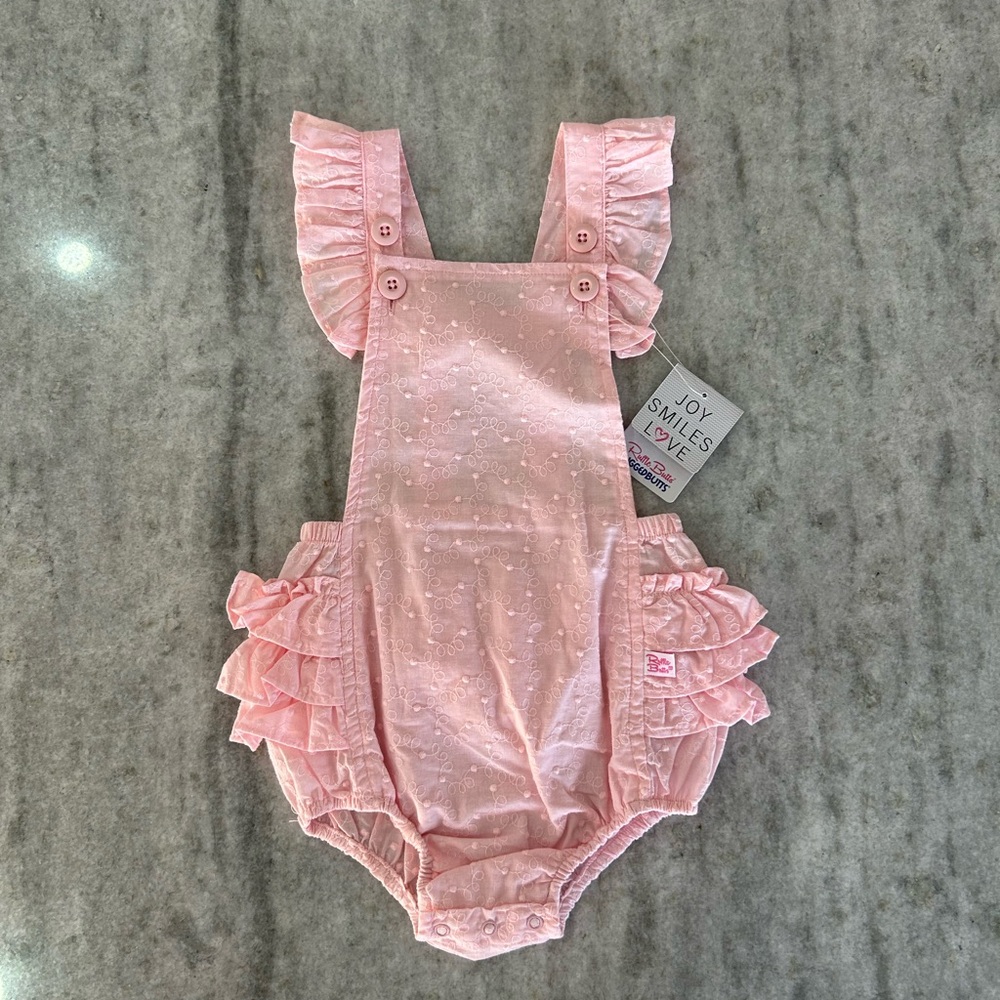 Pink Embroidered Vintage Dot Flutter Overall Romper Size18-24M